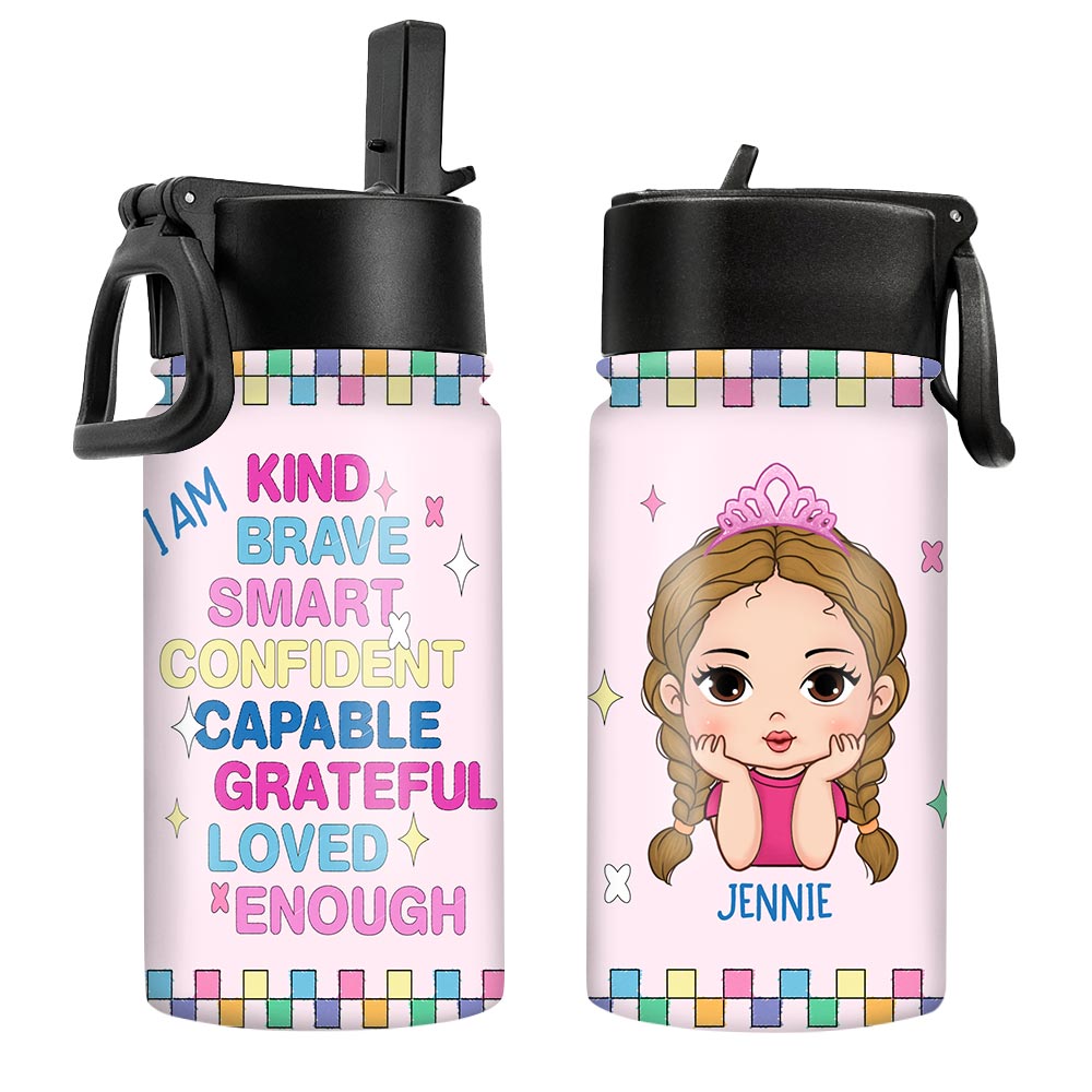 Personalized Gift For Daughter Granddaughter I Am Kind Kids Water Bottle With Straw Lid 26241 Primary Mockup