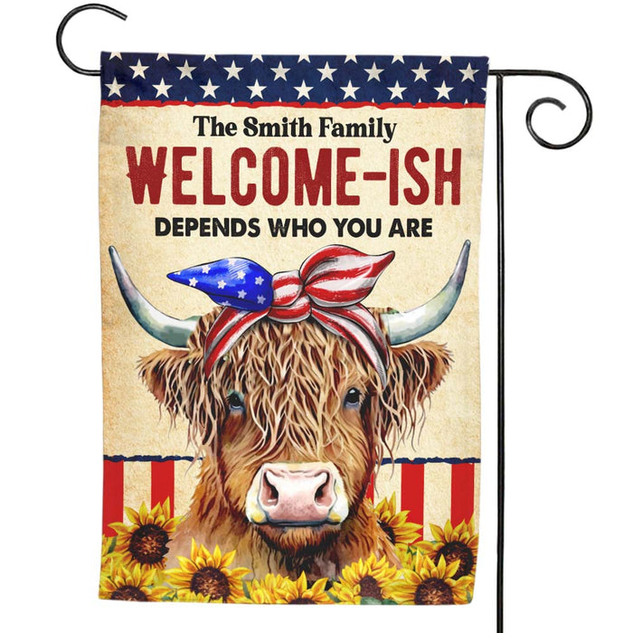 Personalized Patriotic Welcome-Ish Highland Cow With Sunflowers 4th Of July Flag 26311 1