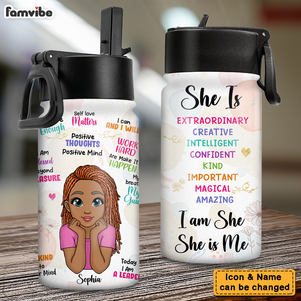 Personalized Daily Affirmation Gifts For Granddaughers Self Love She Is Kids Water Bottle With Straw Lid 26347 Primary Mockup