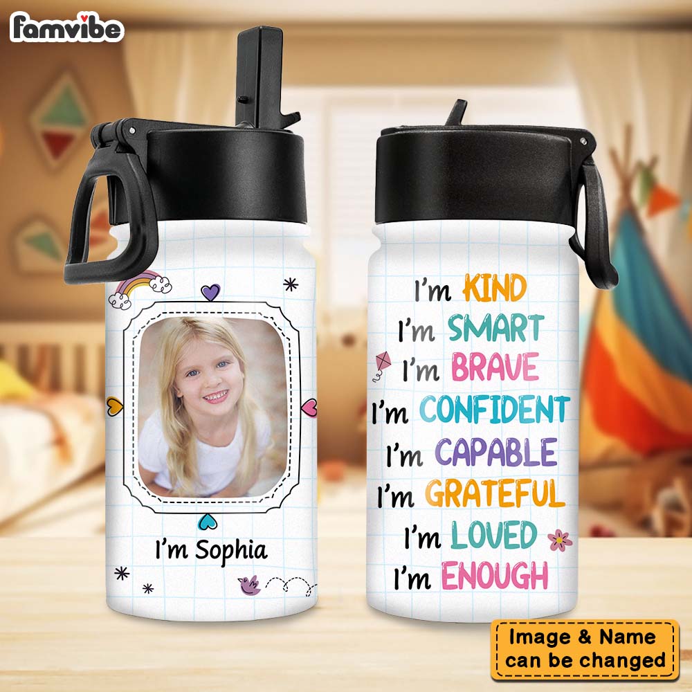 Personalized Affirmation Gift I Am Kind Upload Photo Kids Water Bottle With Straw Lid 26453 Primary Mockup