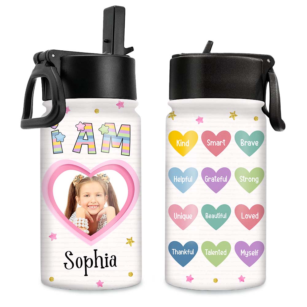 Personalized Affirmation Gift For Kids I Am Kind Upload Photo Kids Water Bottle With Straw Lid 26455 Primary Mockup