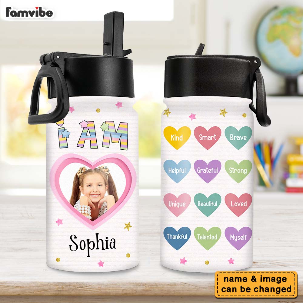 Personalized Affirmation Gift For Kids I Am Kind Upload Photo Kids Water Bottle With Straw Lid 26455 Primary Mockup