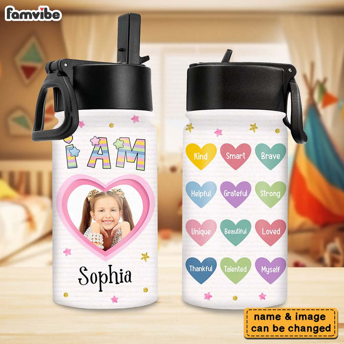 Personalized Affirmation Gift For Kids I Am Kind Upload Photo Kids Water Bottle With Straw Lid 26455 1
