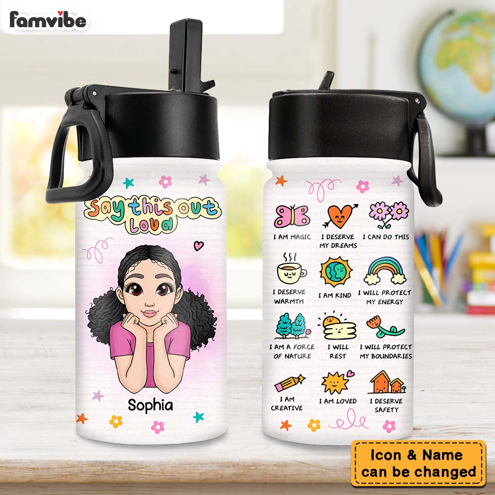 Personalized Gift For Daughter My Affirmations I Am Kind Kids Water Bottle With Straw Lid 26534 Primary Mockup
