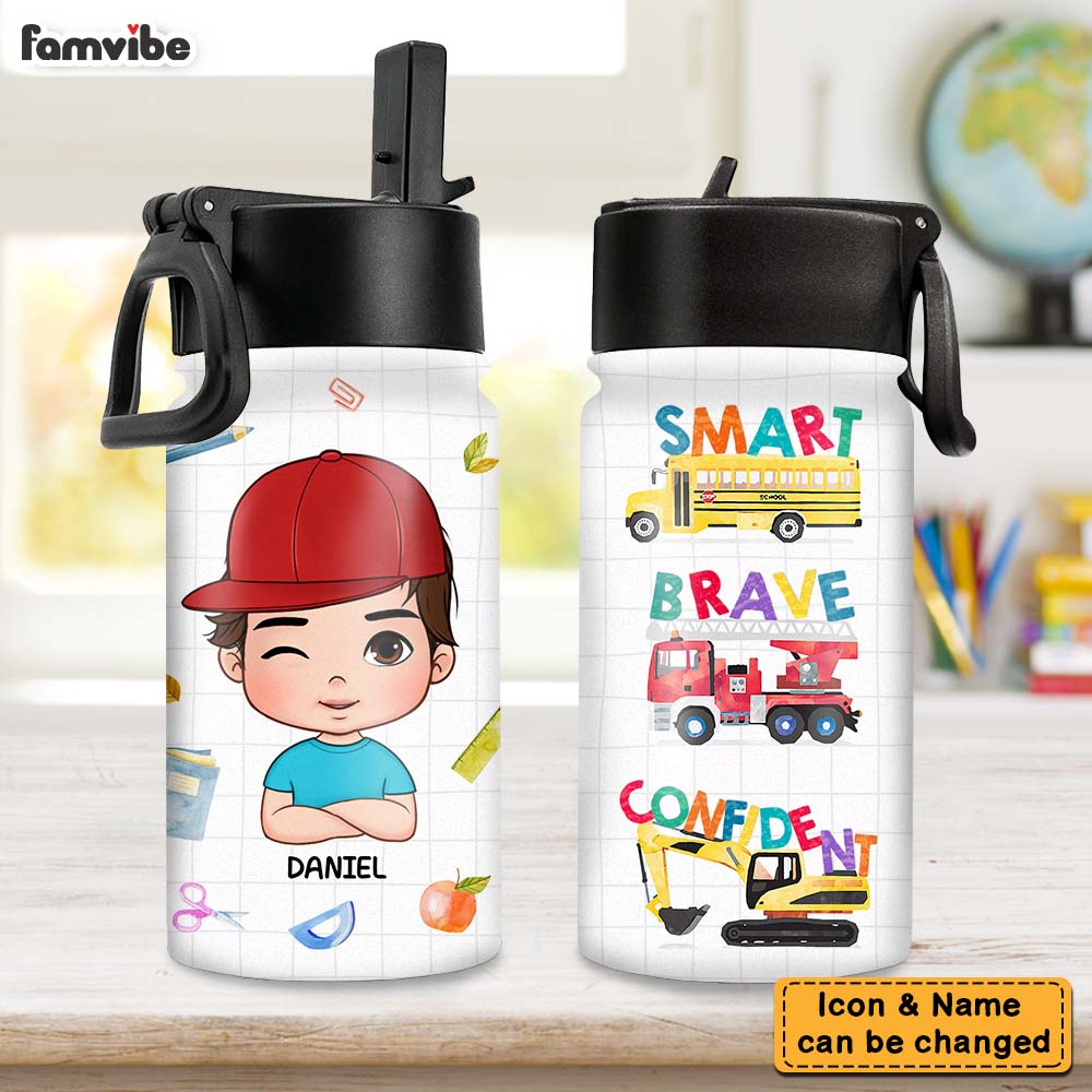 Personalized Gift For Grandson Affirmation I Am Brave Kids Water Bottle With Straw Lid 26853 Primary Mockup