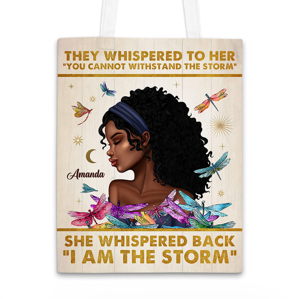 Personalized Inspirational Gift For Daughter Dragonfly She Whispered Back I Am The Storm Tote Bag 26867 Primary Mockup