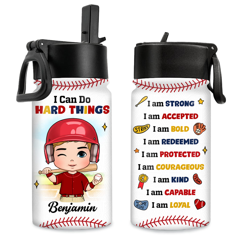 Personalized Gift For Grandson Baseball I Can Do Hard Things I Am Strong Kids Water Bottle With Straw Lid 27186 Primary Mockup