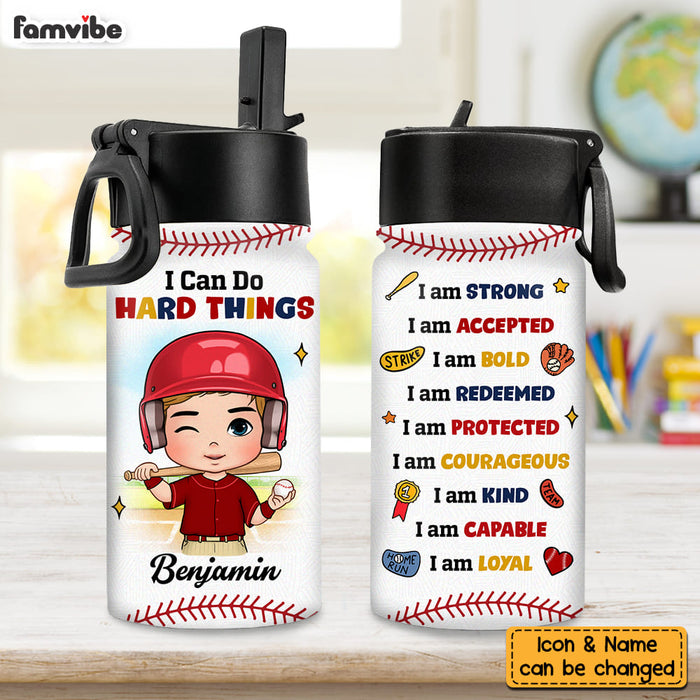 Personalized Gift For Grandson Baseball I Can Do Hard Things I Am Strong Kids Water Bottle With Straw Lid 27186 1