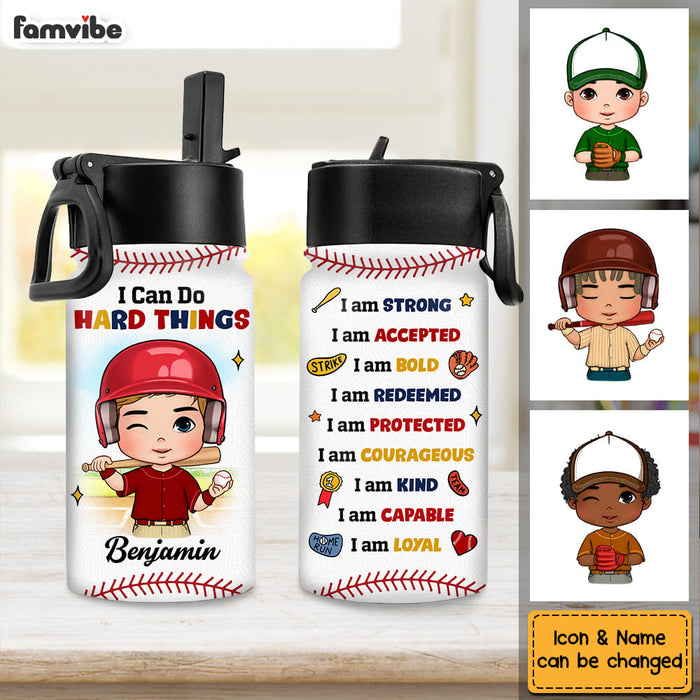 Personalized Gift For Grandson Baseball I Can Do Hard Things I Am Strong Kids Water Bottle With Straw Lid 27186 1