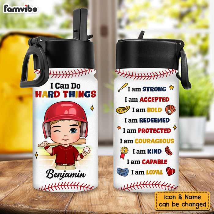 Personalized Gift For Grandson Baseball I Can Do Hard Things I Am Strong Kids Water Bottle With Straw Lid 27186 1