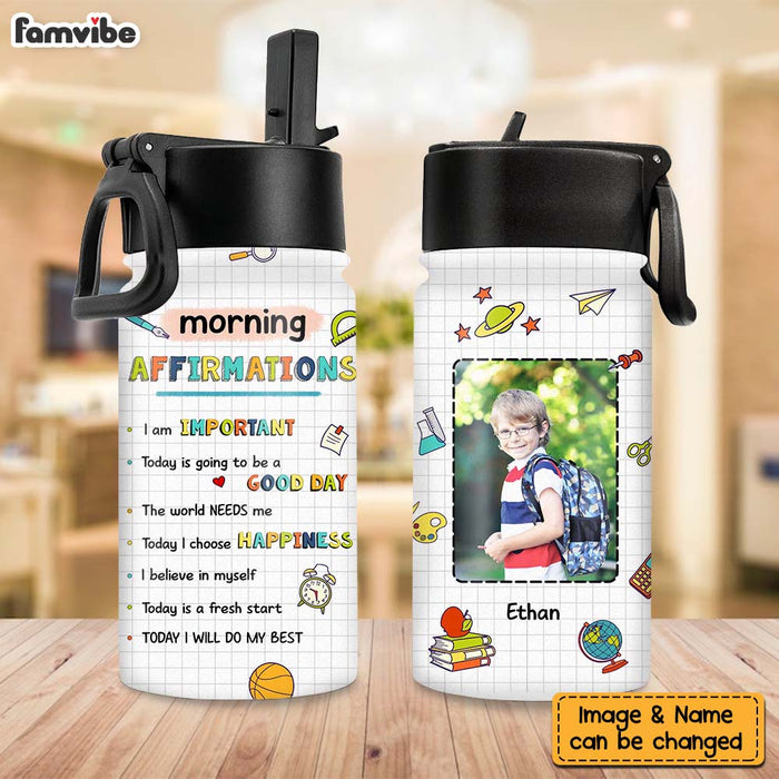 Personalized Gift For Grandson Morning Affirmations Back To School Upload Photo Kids Water Bottle With Straw Lid 27188 1