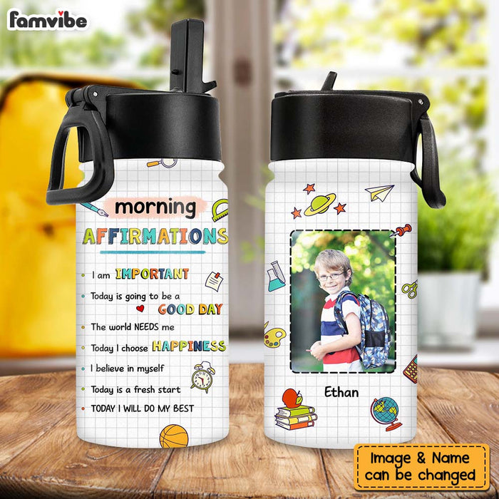 Personalized Gift For Grandson Morning Affirmations Back To School Upload Photo Kids Water Bottle With Straw Lid 27188 1