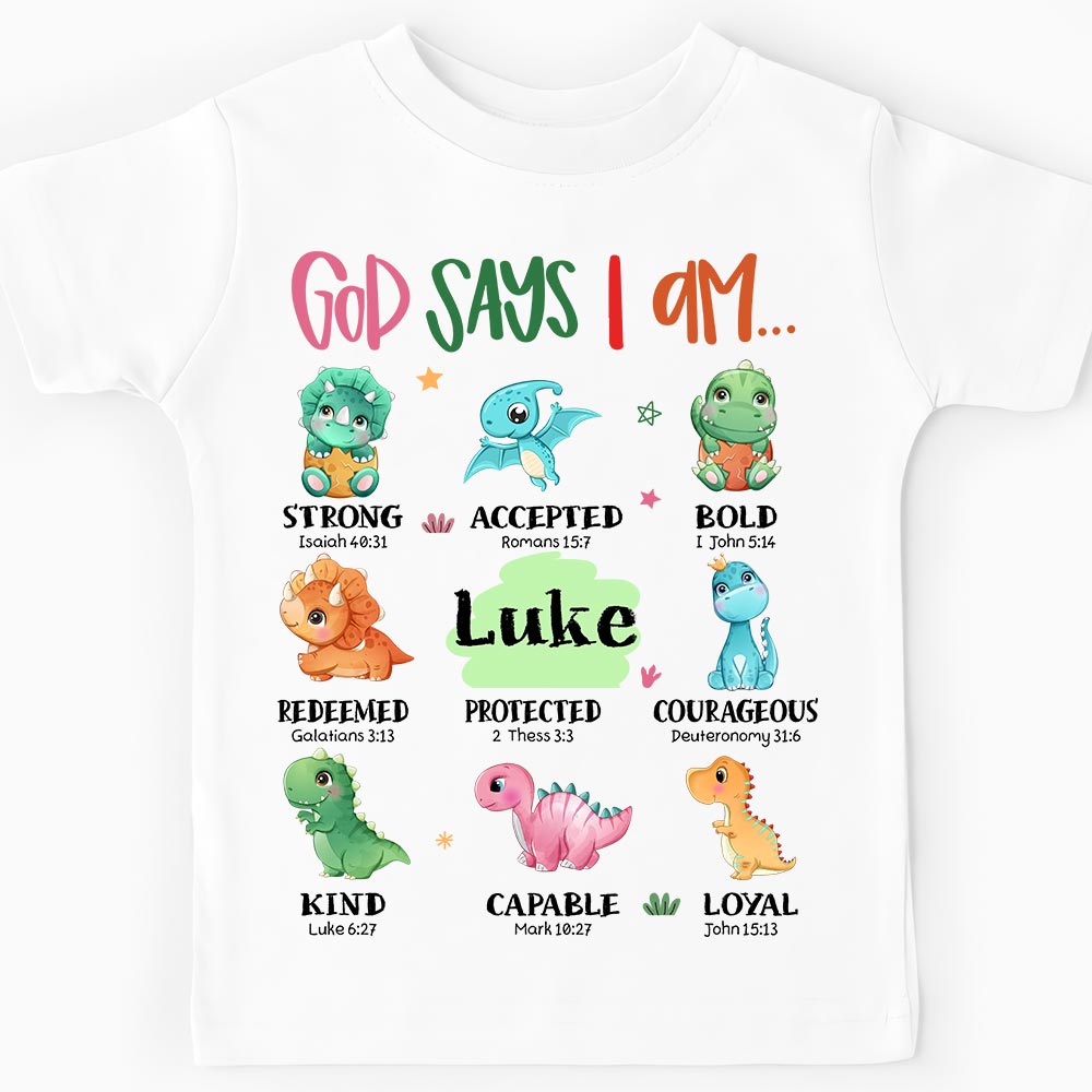 Personalized Christian Gift For Grandson Dinosaur God Says I Am Kid T Shirt 27276 Mockup Black
