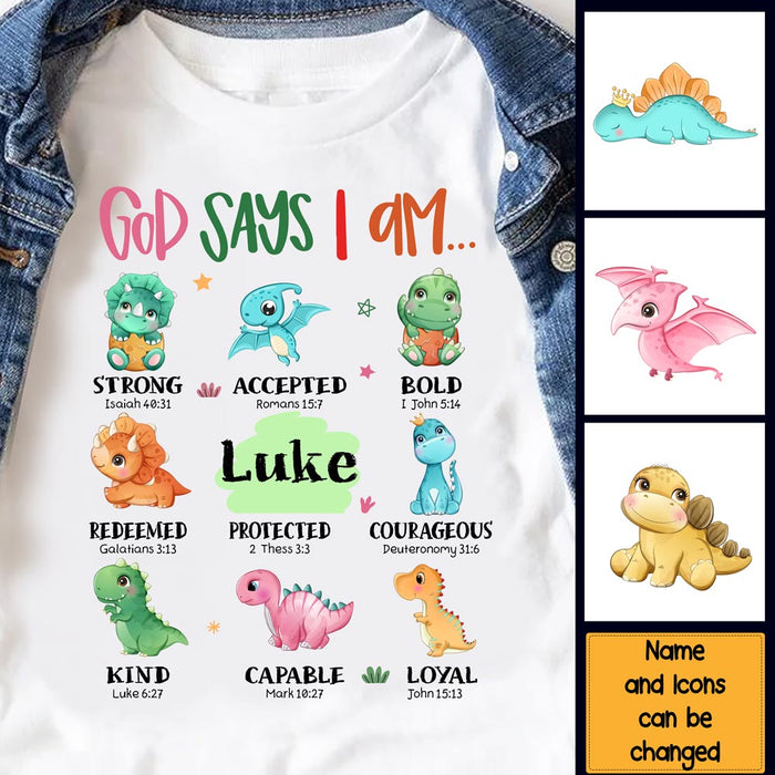Personalized Christian Gift For Grandson Dinosaur God Says I Am Kid T Shirt 27276 1