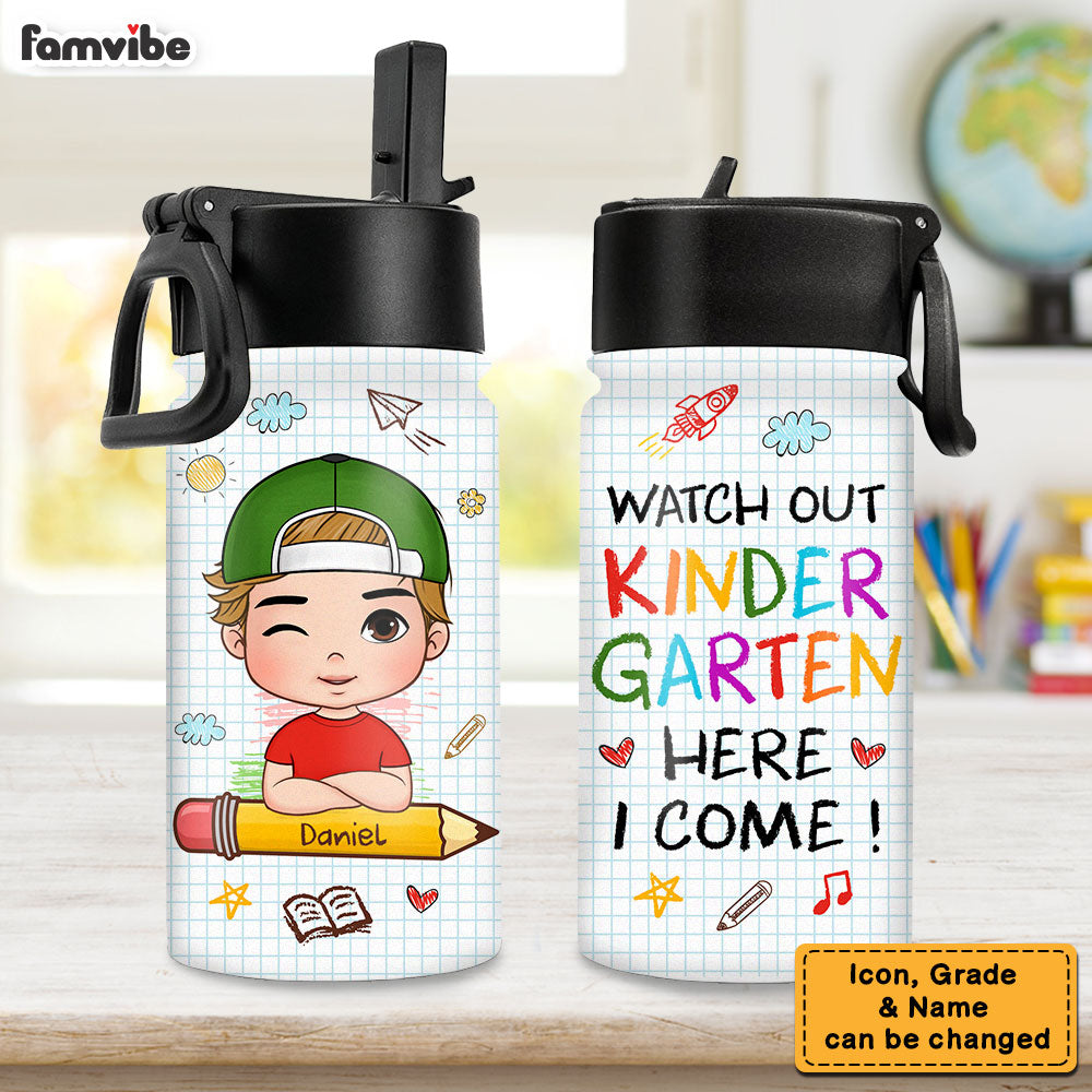 Personalized Back To School First Day Of School Gift For Grandson Watch Out Here I Come Kids Water Bottle With Straw Lid 27042 27389 Primary Mockup