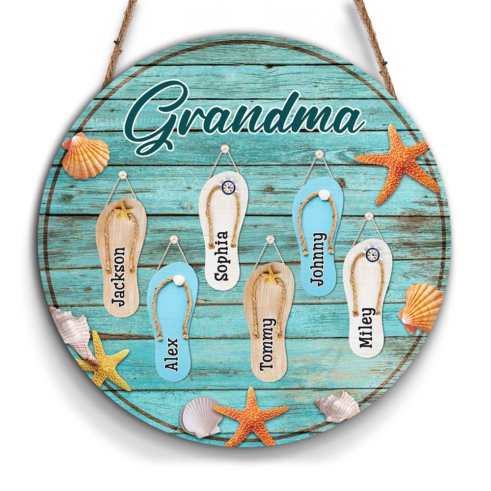 Personalized Gift For Grandma Flip Flop Beach Summer Vacation Round Wood Sign 27425 Primary Mockup