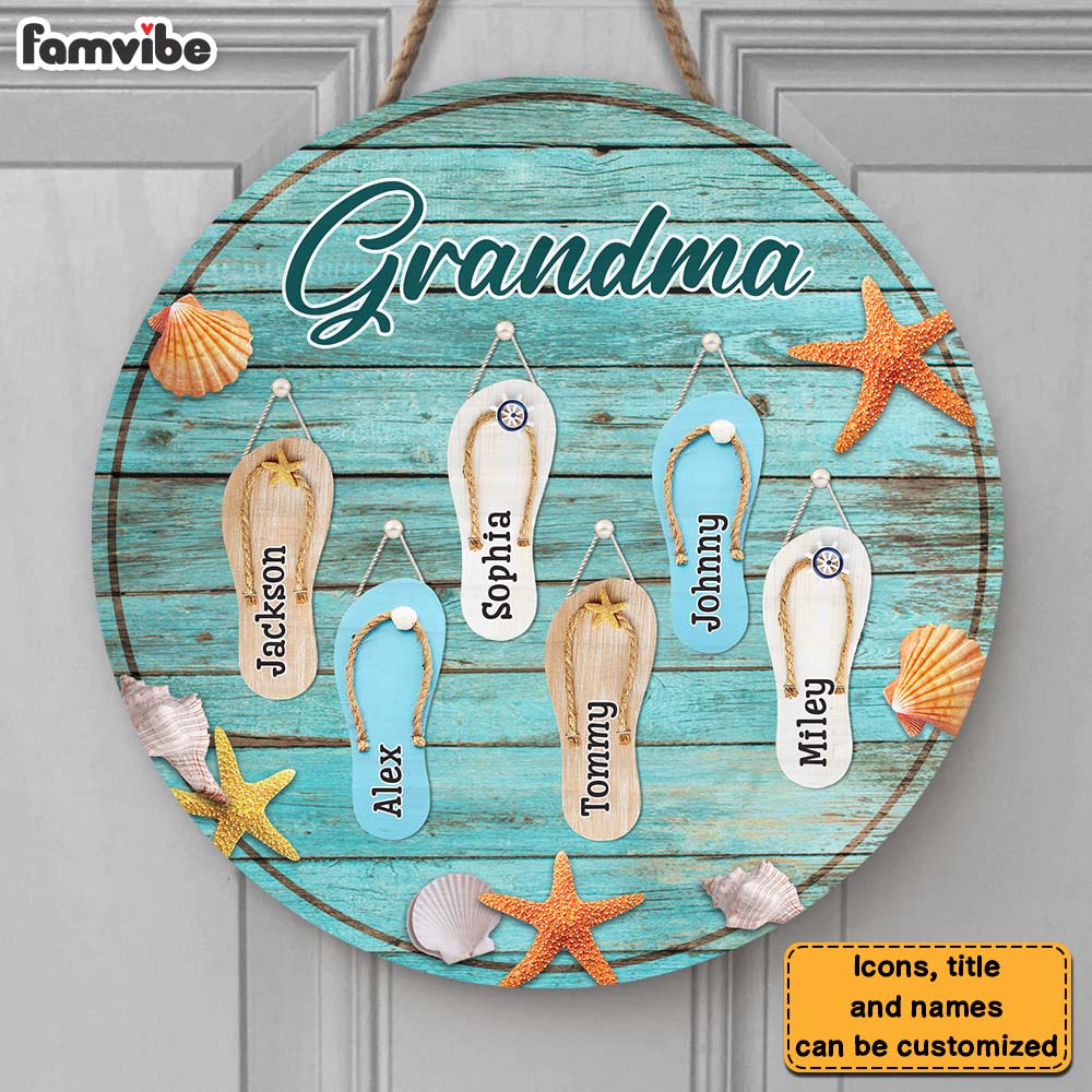 Personalized Gift For Grandma Flip Flop Beach Summer Vacation Round Wood Sign 27425 Primary Mockup