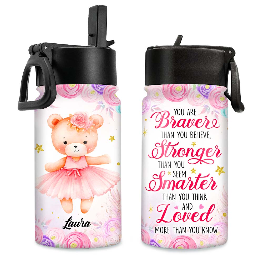 Personalized Gift For Granddaughter Bear Ballerina You Are Stronger Kids Water Bottle With Straw Lid 27458 Primary Mockup