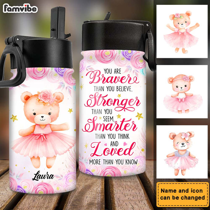 Personalized Gift For Granddaughter Bear Ballerina You Are Stronger Kids Water Bottle With Straw Lid 27458 1