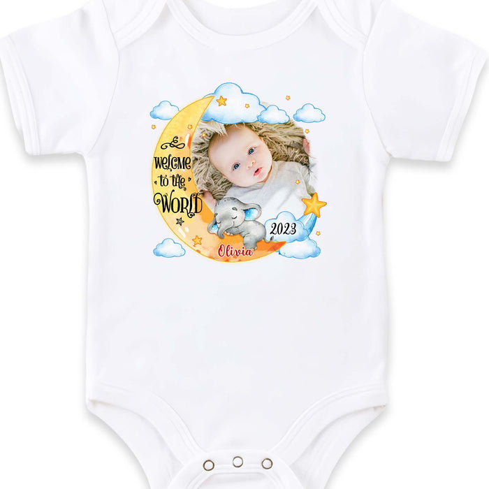 Personalized Newborn Baby Gift Welcome To The World Elephant Photo Baby Onesie 27551 1