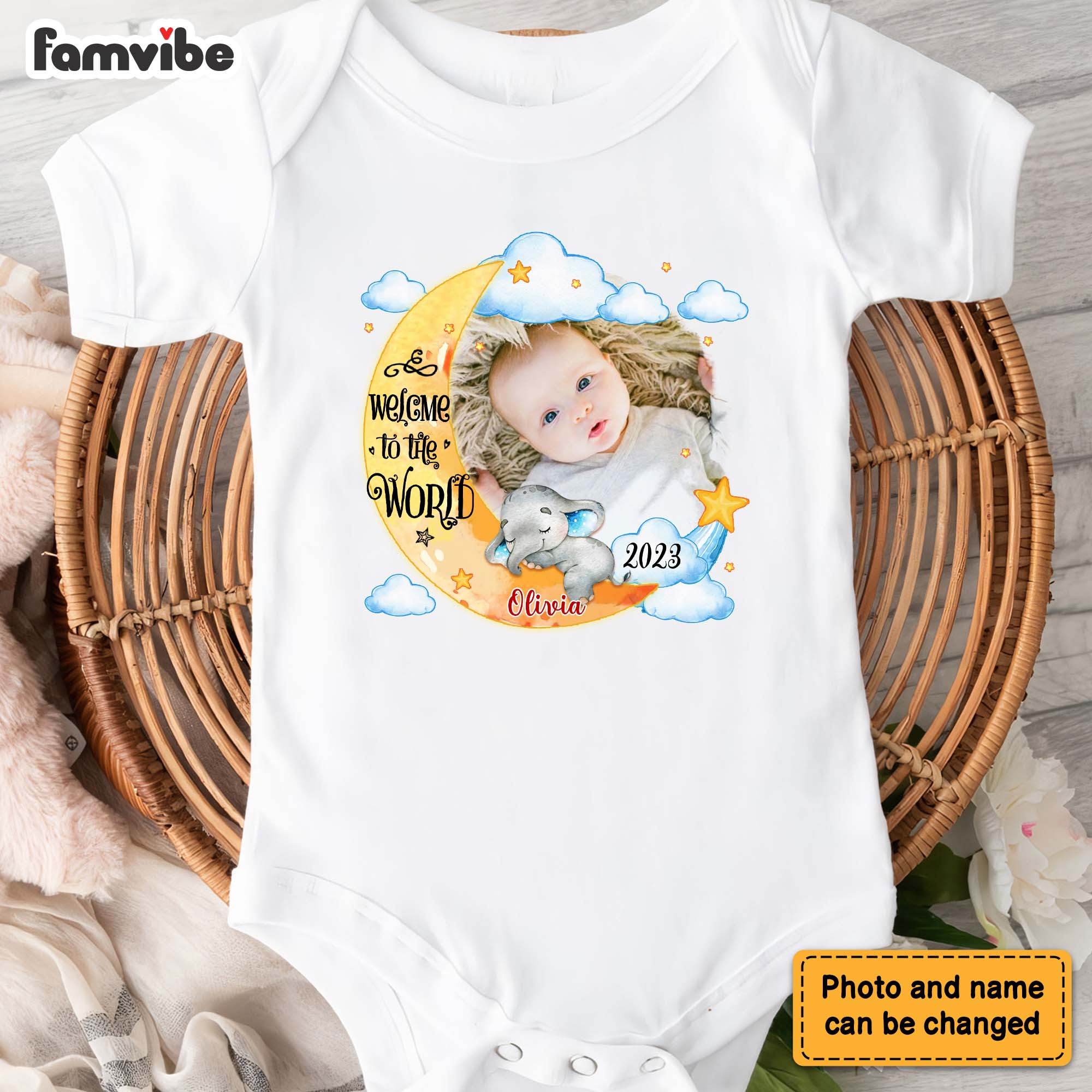Personalized Newborn Baby Gift Welcome To The World Elephant Photo Baby Onesie 27551 Primary Mockup