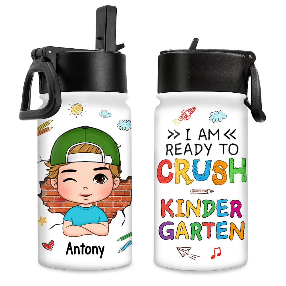 Personalized Gift For Grandson Ready To Crush Kindergarten Kids Water Bottle With Straw Lid 27249 27564 Primary Mockup