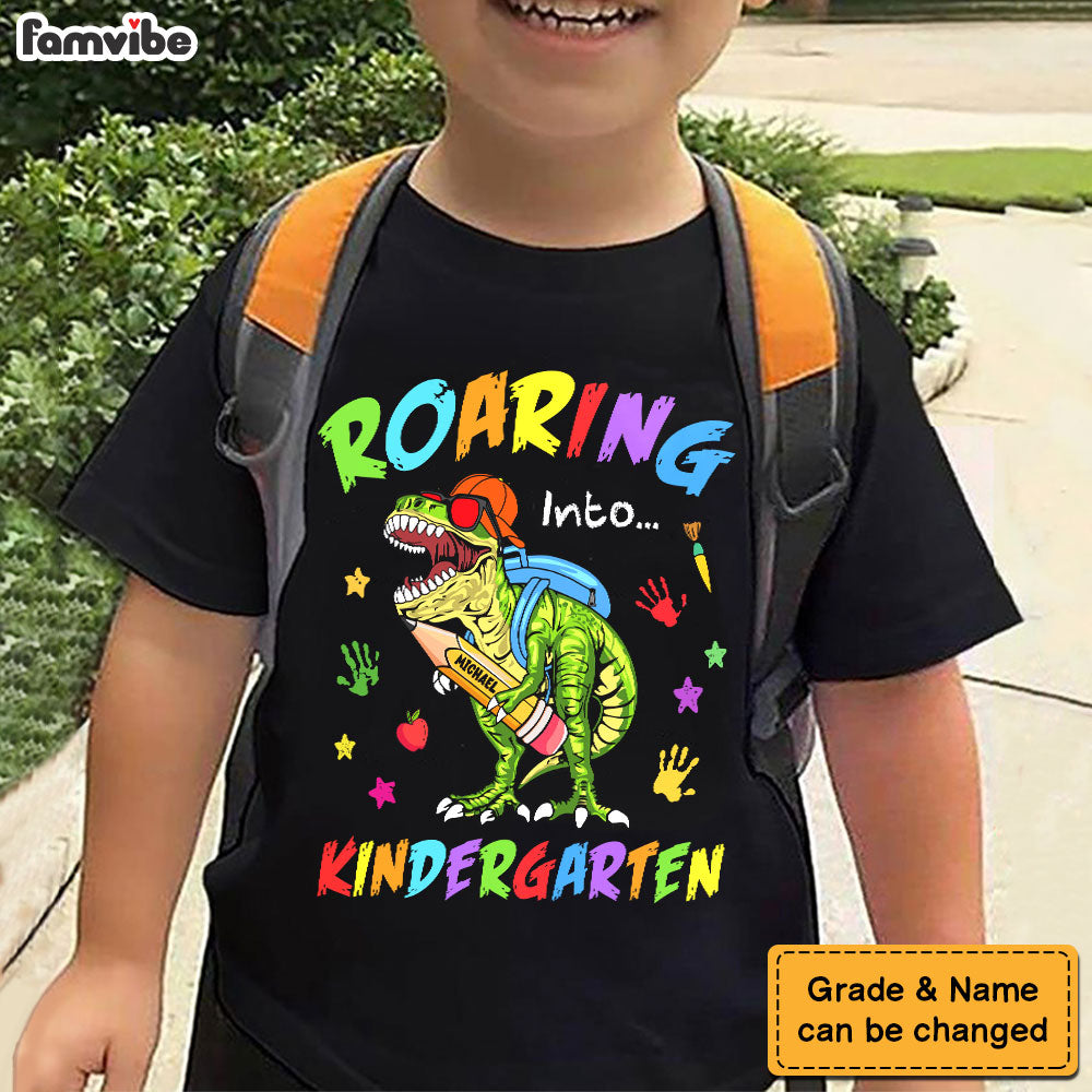 Personalized Back To School Gift For Grandson Roaring Dinosaur Kid T Shirt 27635 Mockup Black