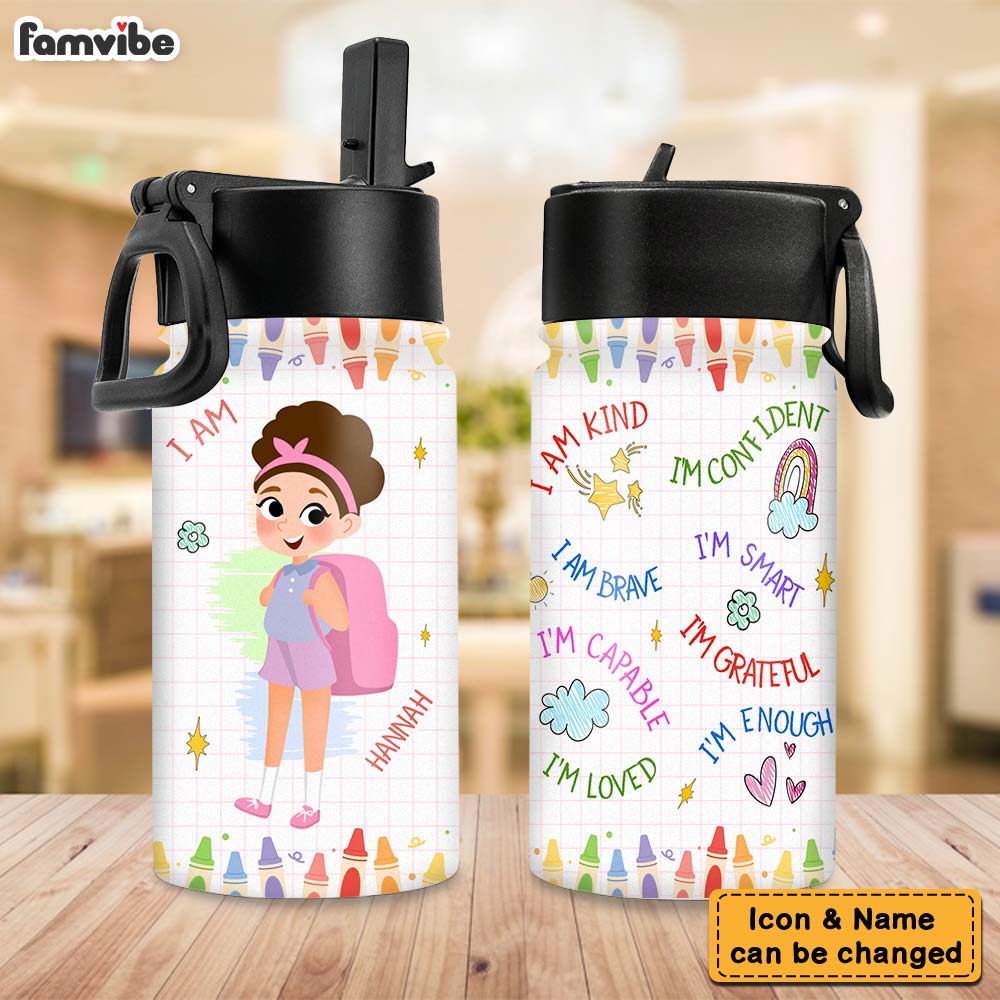 Personalized Gift For Granddaughter I Am Quote Custom Kid Kids Water Bottle With Straw Lid 27649 Primary Mockup