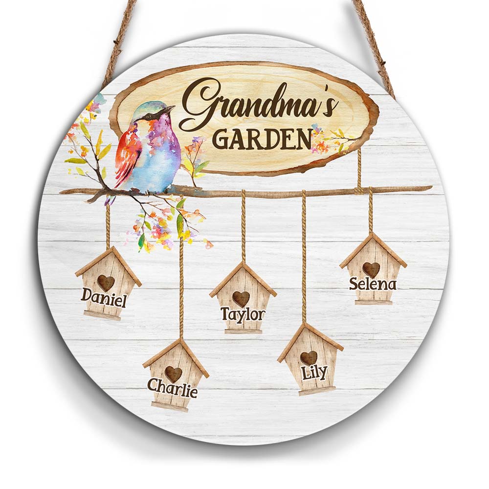Personalized Gift For Grandma Bird House Round Wood Sign 27699 Primary Mockup
