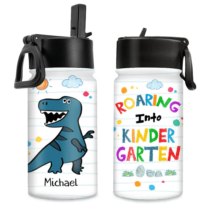 Personalized Gift For Grandson Roaring Into Kindergarten Kids Water Bottle With Straw Lid 27714 1