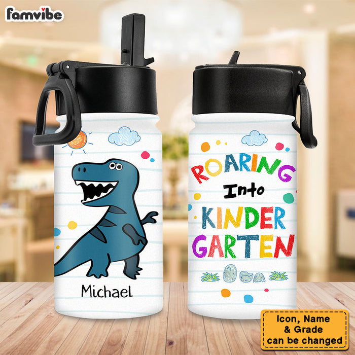 Personalized Gift For Grandson Roaring Into Kindergarten Kids Water Bottle With Straw Lid 27714 1