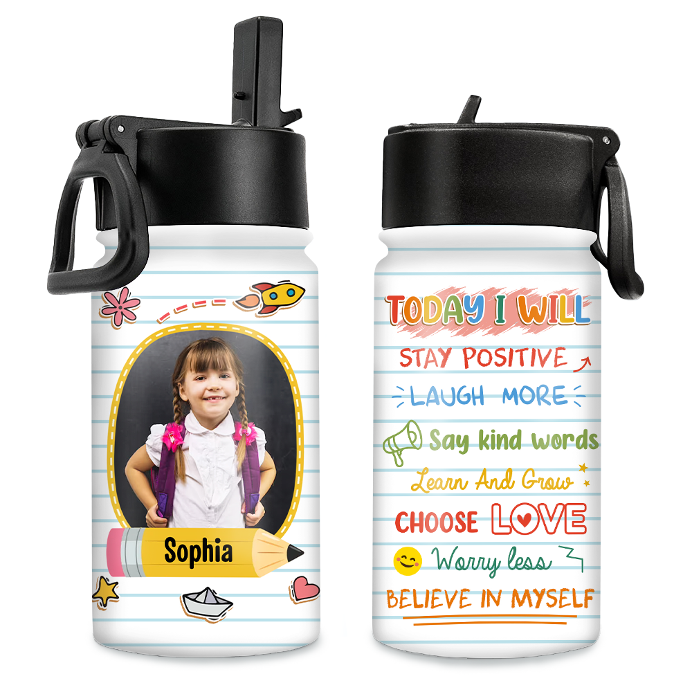 Personalized Gift For Granddaughter Back To School Affirmation Kids Water Bottle With Straw Lid 27790 Primary Mockup