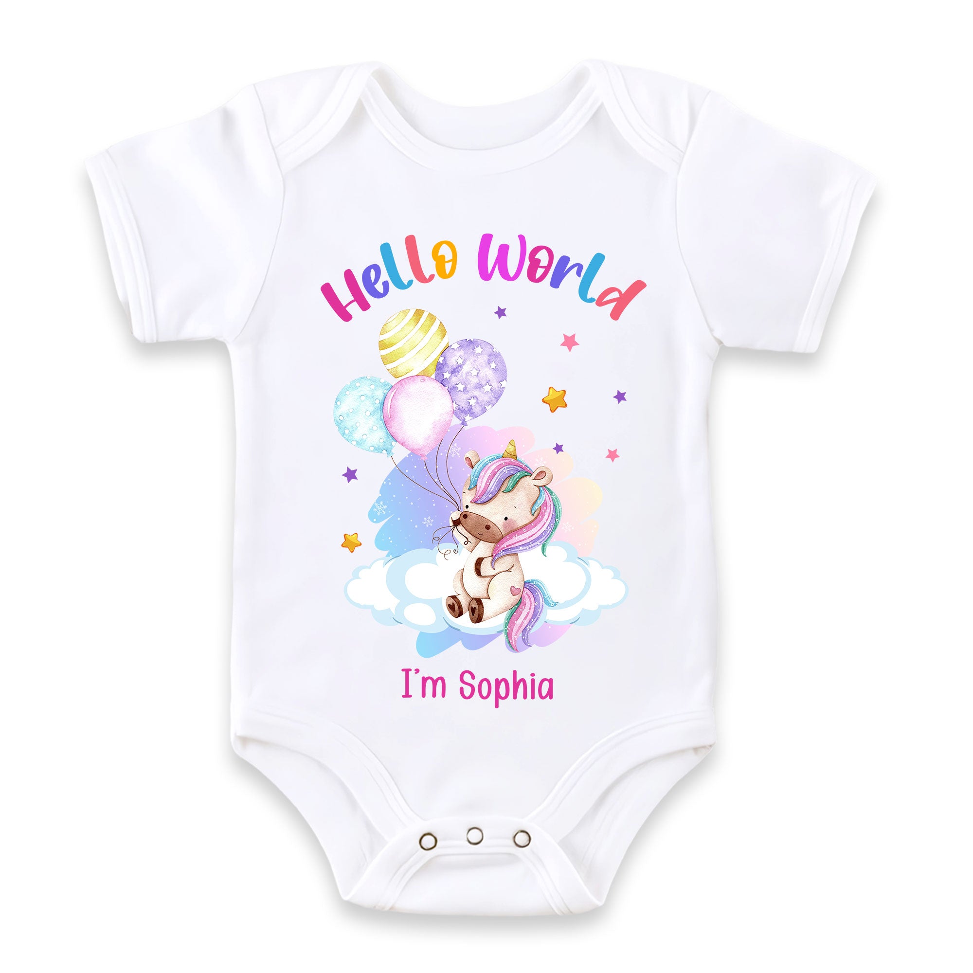Personalized Newborn Baby Gift Unicorn Hello World Baby Onesie 27803 Primary Mockup