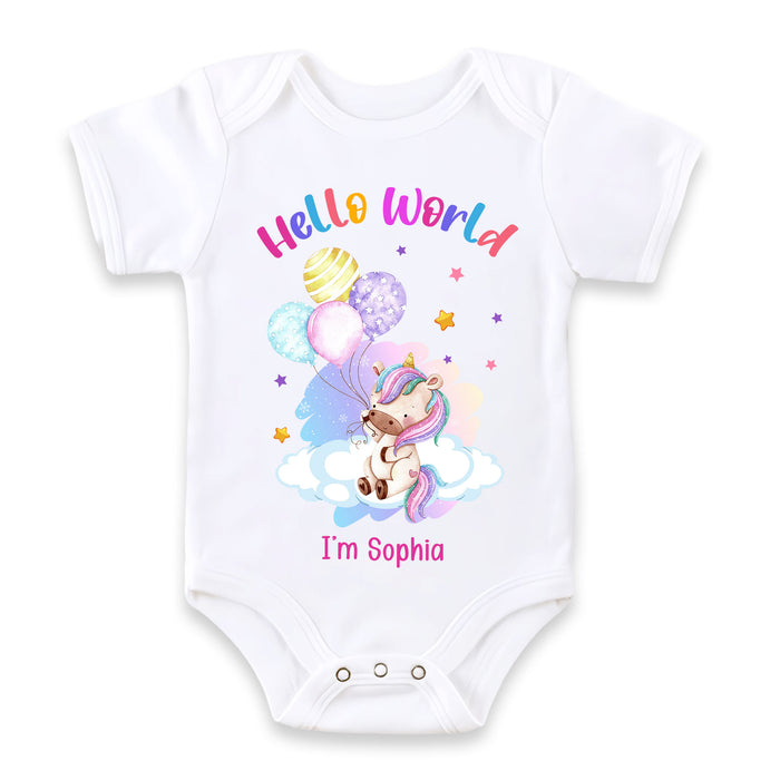 Personalized Newborn Baby Gift Unicorn Hello World Baby Onesie 27803 1