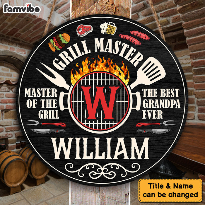 Personalized Gift For Grandpa Grill Master Round Wood Sign 27842 1
