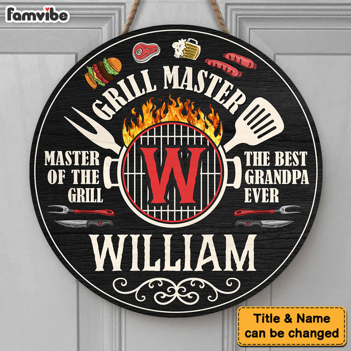 Personalized Gift For Grandpa Grill Master Round Wood Sign 27842 1