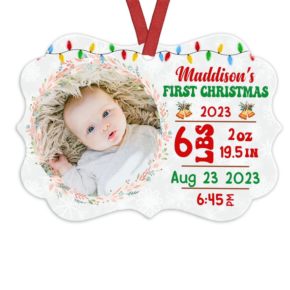 Personalized Baby's First Christmas Newborn Birth Stats Photo Benelux Ornament 27911 Primary Mockup