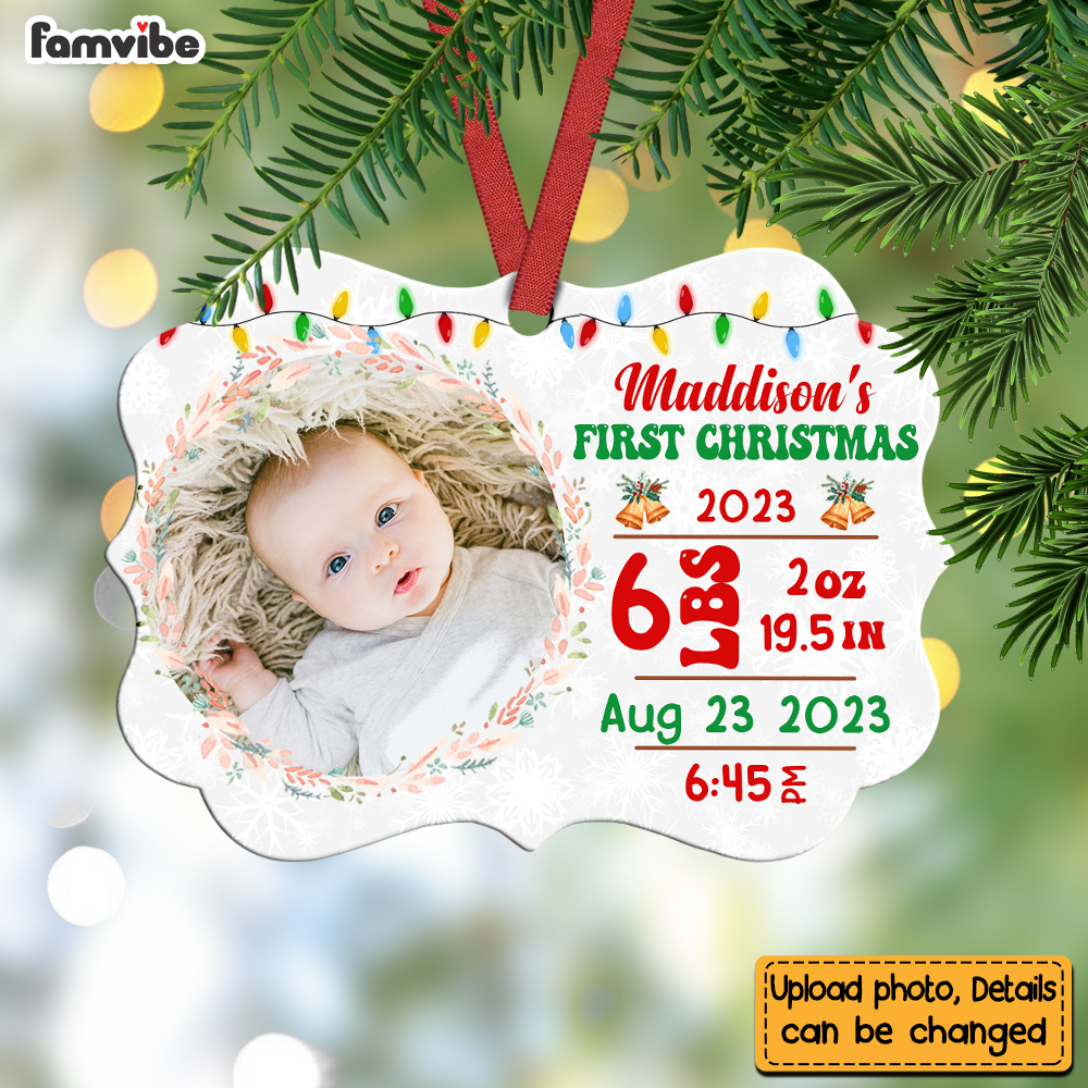 Personalized Baby's First Christmas Newborn Birth Stats Photo Benelux Ornament 27911 Primary Mockup
