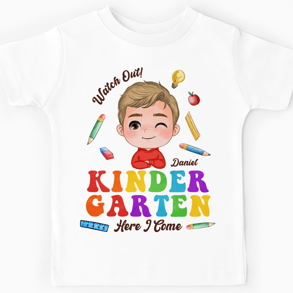 Personalized Gift For Grandson Watch Out Kindergarten Here I Come Kid T Shirt 27935 Mockup White