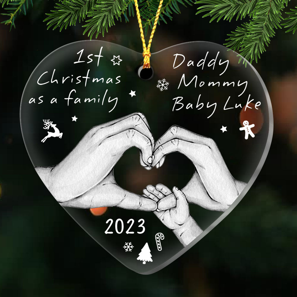 Personalized First Christmas As A Family New Parents And Baby Hand Heart Ornament 28026 Primary Mockup