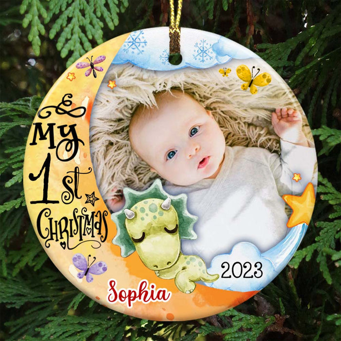 Personalized Gift For Baby First Christmas Dinosaur Nursery Photo Circle Ornament 28033 1