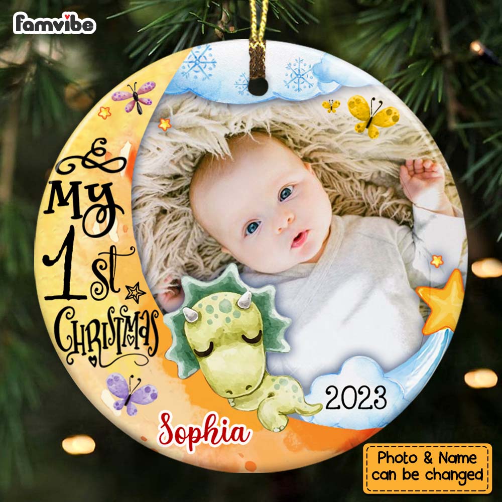 Personalized Gift For Baby First Christmas Dinosaur Nursery Photo Circle Ornament 28033 Primary Mockup