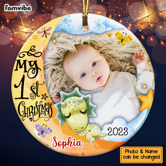 Personalized Gift For Baby First Christmas Dinosaur Nursery Photo Circle Ornament 28033 1