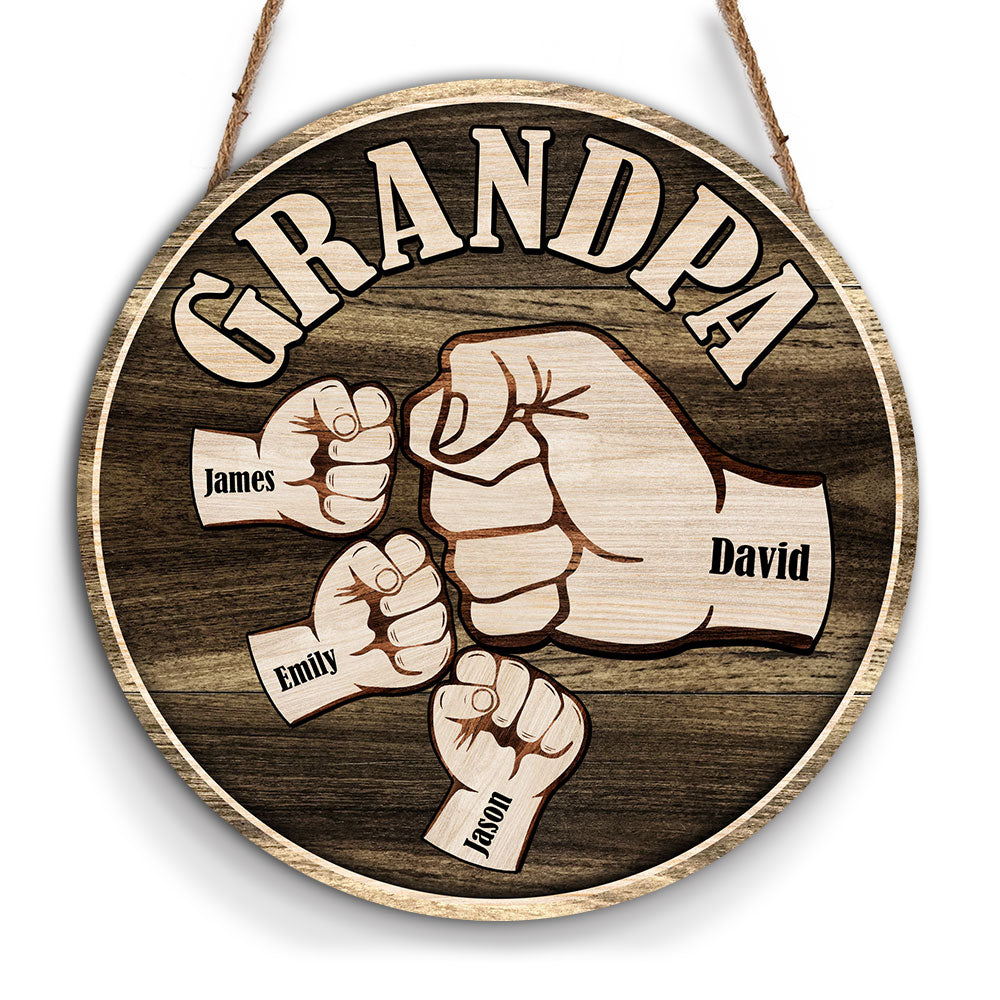 Personalized Grandpa And Grandkids Hands Fist Bump Round Wood Sign 28049 Primary Mockup