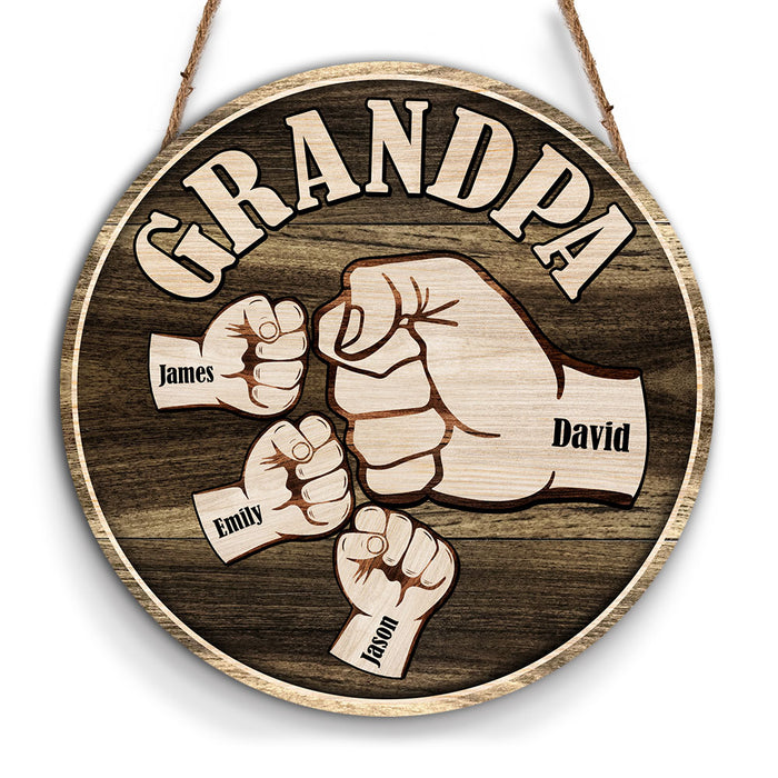 Personalized Grandpa And Grandkids Hands Fist Bump Round Wood Sign 28049 1