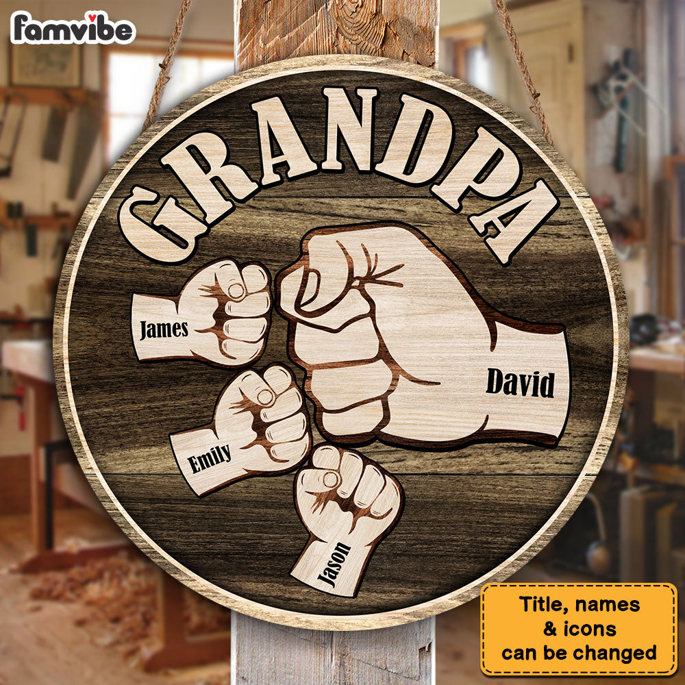 Personalized Grandpa And Grandkids Hands Fist Bump Round Wood Sign 28049 Primary Mockup