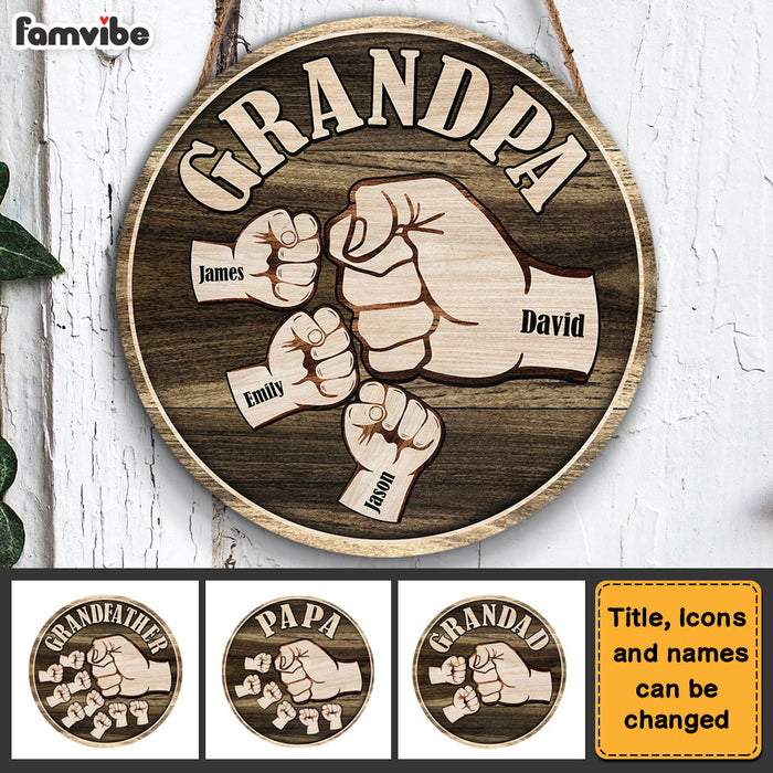 Personalized Grandpa And Grandkids Hands Fist Bump Round Wood Sign 28049 1
