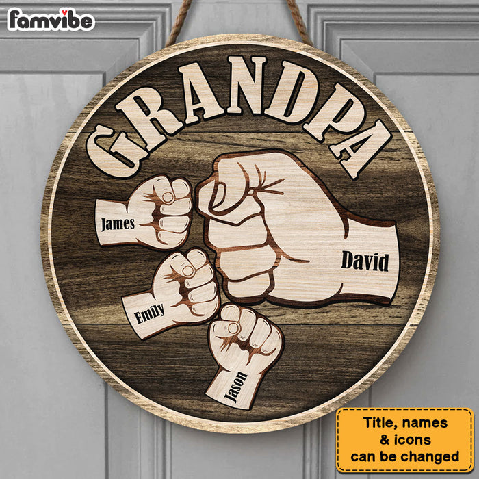 Personalized Grandpa And Grandkids Hands Fist Bump Round Wood Sign 28049 1