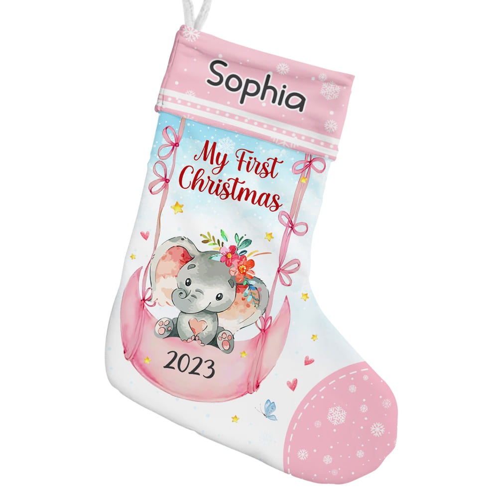 Personalized Baby Gift My First Christmas Pink Elephant Stocking 28108 Primary Mockup