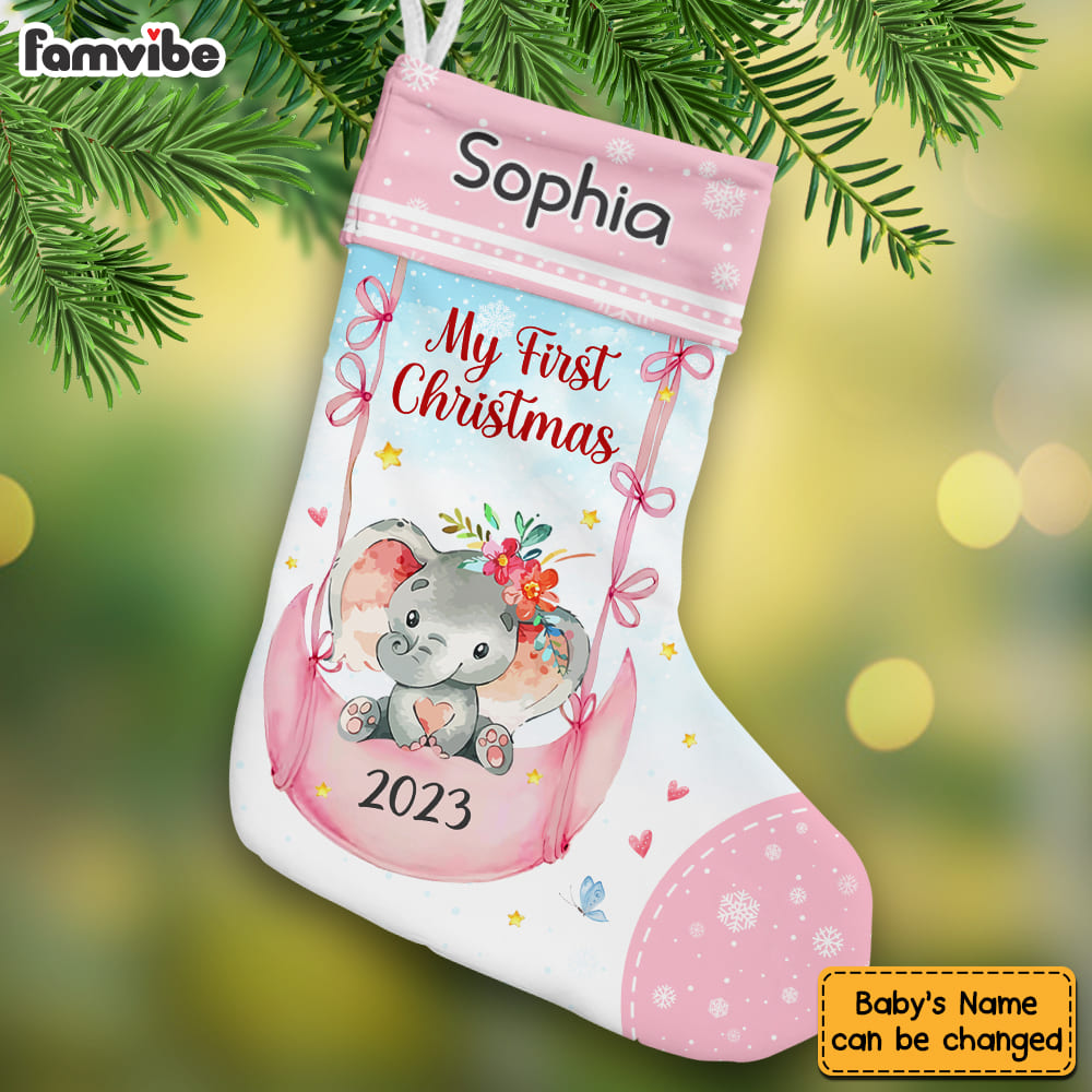 Personalized Baby Gift My First Christmas Pink Elephant Stocking 28108 Primary Mockup